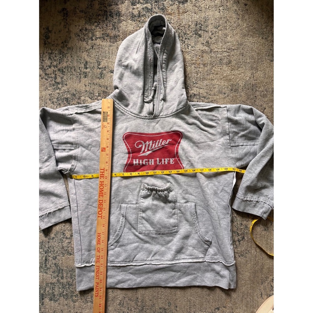 Miller High Life Hoodie Women XL Gray Graphic Raw Hem Beer Pocket Sweatshirt